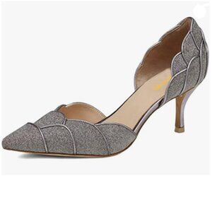 XYD Dark Gray Glitter Pointed Toe D'Orsay Mid Heel Pumps Slip-On Shoes